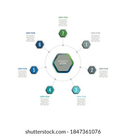 Seven steps 3d infographic template with hexagonal elements. Business process data visualisation for annual report, brochure, diagram, workflow, timeline, web design. Eps 10