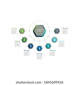 Seven steps infographic template with realistic 3d hexagonal elements. Business process data visualisation for annual report, brochure, diagram, workflow, timeline, web design. Eps 10