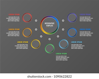 seven steps infographic template with round 3d realistic elements on dark background. process diagram for brochure, banner, annual report