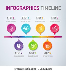 Sieben Schritte Infografiken - veranschaulichen Sie Strategie, Arbeitsablauf, Teamarbeit, Optionen oder Weg zum Erfolg.