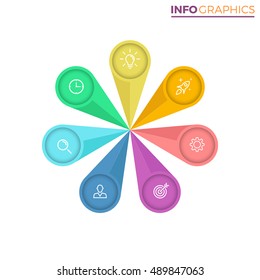 Seven steps infographics. Radial chart, diagram with 7 steps, options, parts.