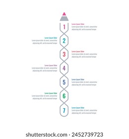 Plantilla de información de siete pasos. infografía para negocios, educación, mundo de la ciencia. Plantilla de información con lápiz sobre fondo blanco