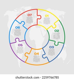 Gráfico de rompecabezas de siete pasos. Negocio, idea, concepto de flujo. Maleta de silueta de plantilla para 7 opciones, partes, procesos. Gráfico informativo de la cronología de Jigsaw. Se puede utilizar para procesos, presentaciones