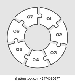 Sieben Schritte Puzzle-Diagramm Infografik. Business, Idee, Flow-Konzept. Vorlage Silhouette für 7 Optionen, Teile, Prozesse. Jigsaw Timeline Info Grafik. Kann für Prozess, Präsentation verwendet werden