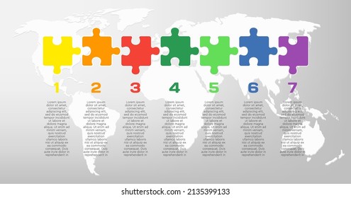 Seven steps puzzle line infographic. Business, idea, flow concept. Template for 7 options, parts, processes. Jigsaw info graphic. Can be used for process, presentation, layout, banner, graph