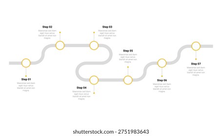 Seven steps roadmap infographic featuring a winding gray path and yellow milestones. Professional vector template for business presentations, project planning, and process workflows.
