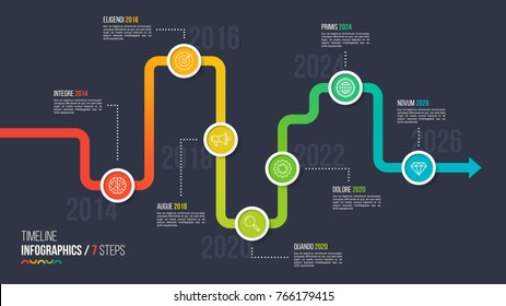 Seven Steps Timeline Or Milestone Infographic Chart. 7 Options Vector Template For Presentations, Data Visualization, Layouts, Annual Reports, Web Design.