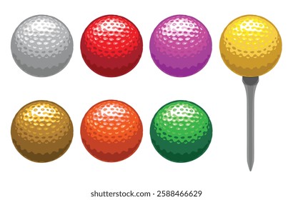 Seven stylish golf balls in white, red, pink, yellow, gold, orange, and green, each on a golf tee. Modern flat vector design for men’s and women’s golf logos, icons, and symbols.