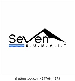 Seven summit text logo design with an illustration of a mountain peak on the letter V.