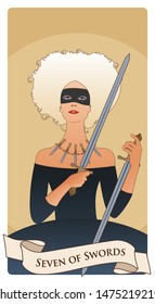 Seven of swords. Impish courtesan. wearing mask and necklace composed of five daggers, grabbing two swords