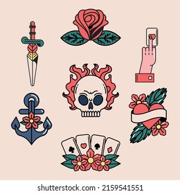 siete íconos del juego de tatuajes de la escuela antigua