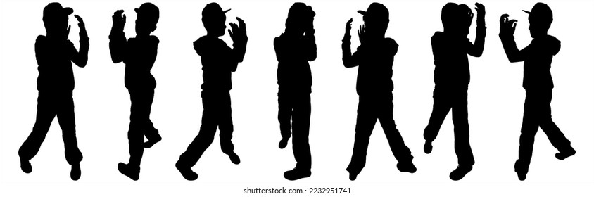 Seven teenager silhouettes of hip-hop dancers over a white background. A teen in a cap and tracksuit dances a break. Dancing boy in a hat. Black silhouettes of hip-hop dancers. Front view, profile.