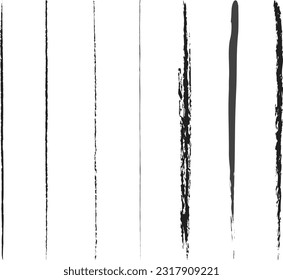 Seven thin lines in black chalk on a white background, vertical thin lines drawn in chalk on a white background. 7 abstract lines on a white canvas. Vector illustration. EPS 10