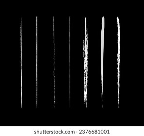 Seven thin lines in white chalk on a black background, vertical thin lines drawn in chalk on a black background. 7 abstract lines on a black canvas. Vector illustration. EPS 10