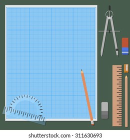 Seven Things For Mechanical Drawing. Erasers And Pencils In Two Variations, Ruler, Protractor, Compasses, Pencil Sharpener, Graph Paper, Plotting Paper.