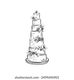 A seven tier wedding cake finished with florals and fondant icing. Black and white illustration line drawing, created by hand as a vector.