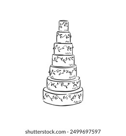 A seven tier wedding cake finished with florals and fondant icing. Black and white illustration line drawing, created by hand as a vector.