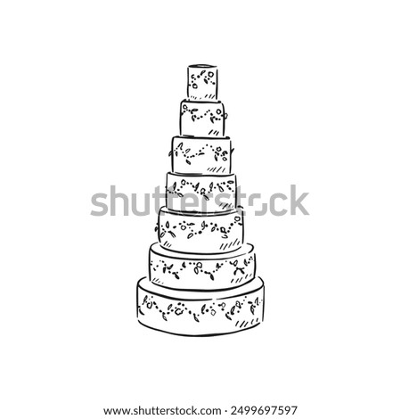 A seven tier wedding cake finished with florals and fondant icing. Black and white illustration line drawing, created by hand as a vector.