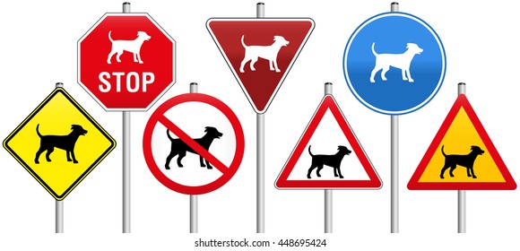 Seven traffic signs concerning dogs, like warning- stop- yield- or prohibition-signs.