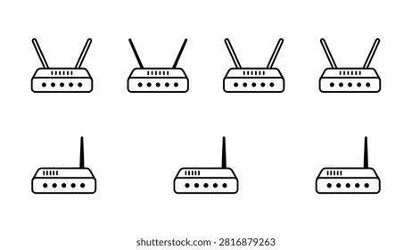 Seven transparent background icons showing different wireless router designs with antennas and ports