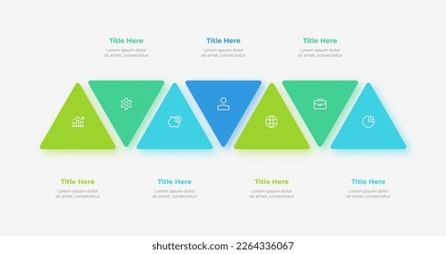 Seven triangles arranged in a row. Infographic elements. Timeline business development process.