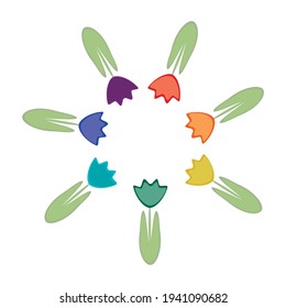 Seven tulip flowers rainbow colors. Circle position. Learning for children. Plants for home or office. Education preschool.