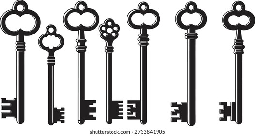 Seven unique skeleton keys with ornate details and various shapes