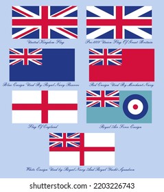 Seven variants of the United Kingdom flag. Flags and ensigns of Great Britain.