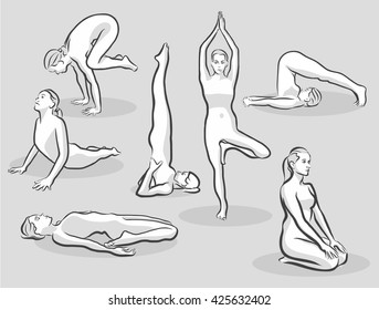Seven Various Halftone Yoga Poses, Free Hand drawn vector halftone Sketch