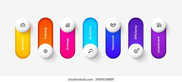 Seven vertical rounded banners with circles. Infographic template with 7 options or steps