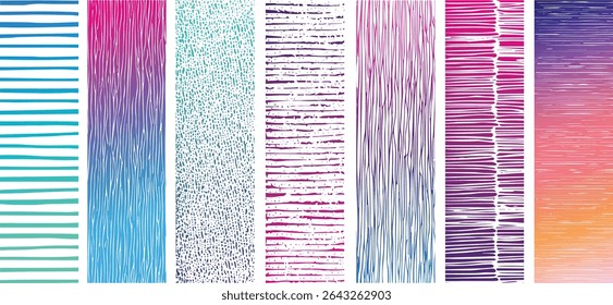 Seven vertical stripes featuring gradient color transitions and varying line textures teal blue purple pink orange white background