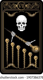 Seven of wands. Card of Minor arcana black and gold tarot cards. Tarot deck. Vector hand drawn illustration with occult, mystical and esoteric symbols.