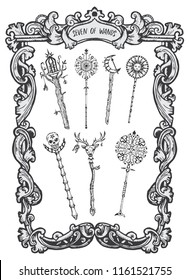 Seven of wands. Minor Arcana tarot card. The Magic Gate deck. Fantasy engraved vector illustration with occult mysterious symbols and esoteric concept