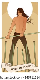 Seven of wands. Tarot cards. Long-haired young man, holding a wand fighting six lower sticks.