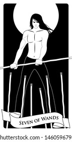 Seven of wands. Tarot cards. Long-haired young man, holding a wand fighting six lower sticks.