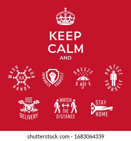 Seven Warning Icons Set Based on WHO Measures for Coronovirus Preventions Keep Calm Style Concept with Crown and Logo Lettering - White on Red Background - Vector Graphic Design