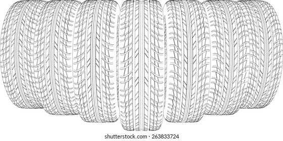 Seven wire-frame tires. Vector illustration rendering of 3d