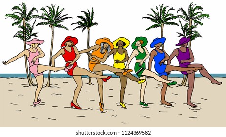 Seven women dance for the Pride Celebration on the beach