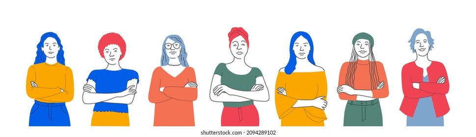Seven women of different ethnicities and cultures. The concept of women, diversity, independence and equality. Hand drawn vector illustration. Flat style.