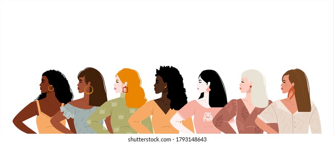 Seven women of different nationalities and cultures stand together. The concept of the feminist movement for the empowerment of women. Female friendship. Vector illustration. Isolated on background.