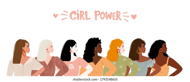 Seven women of different nationalities and cultures stand together. The concept of the feminist movement for the empowerment of women. Lettering girl power Vector illustration. Isolated on background.