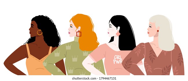 Seven women of different nationalities and cultures stand together. The concept of the feminist movement for the empowerment of women. Female friendship. Vector illustration. Isolated on background.