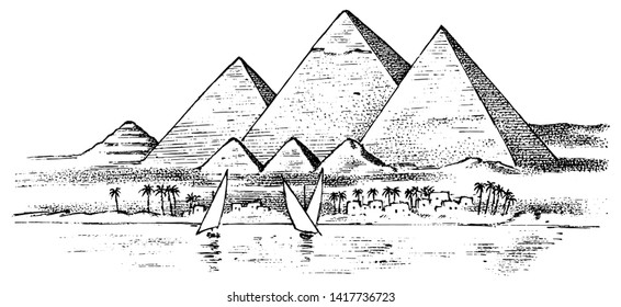 Sieben Wunder der alten Welt. Große Pyramide von Gizeh. Der großartige Bau der Griechen. Handgezeichnete Vintage-Skizze.