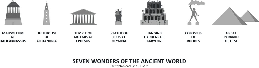 Seven Wonders of the Ancient World, Mausoleum Halicarnassus, Lighthouse Alexandria, Temple Artemis At Ephesus, Statue of Zeus Olympia, Hanging Gardens Babylon, Colossus Rhodes, Great Pyramid of Giza svg