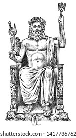 Seven Wonders of the Ancient World. Statue of Zeus at Olympia. The great construction of the Greeks. Hand drawn engraved vintage sketch.