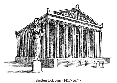 Seven Wonders of the Ancient World. Temple of Artemis at Ephesus. The great construction of the Greeks. Hand drawn engraved vintage sketch.