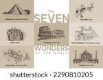 Seven wonders drawn with a pen. The New Seven Wonders of The Worlds.