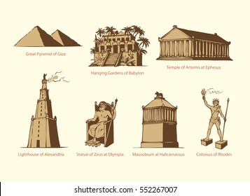 Seven Wonders of WORLD. Pyramid of Giza, Hanging Gardens of Babylon, Temple of Artemis at Ephesus, Lighthouse of Alexandria, Statue of Zeus at Olympia, Mausoleum at Halicarnassus, Colossus of Rhodes svg