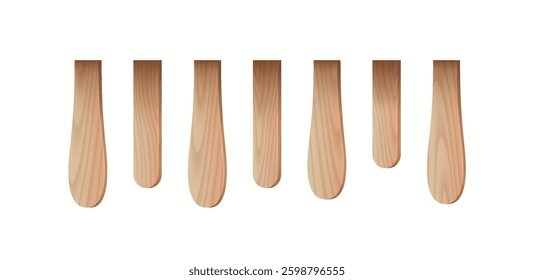 Seven wooden spoon handles or popsicle stick are shown vertically on a white background. The natural wood grain texture and smooth surface enhance the design. Suitable for kitchen or craft projects.