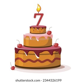 Seven year anniversary. Vector birthday cake. Holiday cake with candle.Big cherry cake on white background. Seven year old baby.